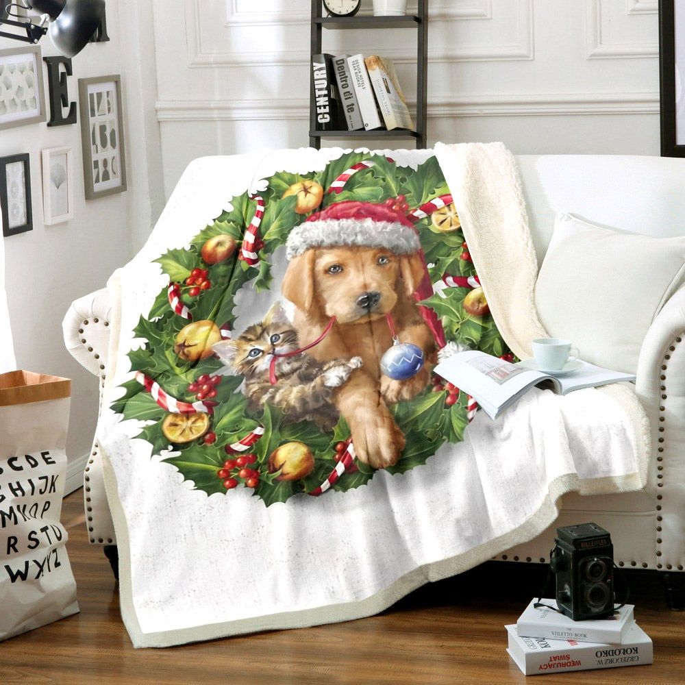 litzzy Cat And Dog Christmas HT1611024TT Sherpa Fleece Blanket fleece blanket   