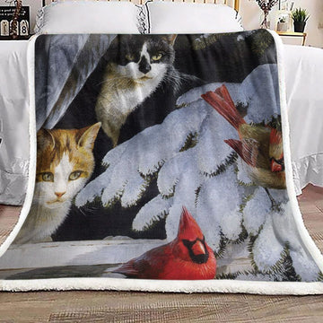 litzzy Cat Christmas Cardinal BL1211018F Sherpa Fleece Blanket Sherpa Fleece Blanket   