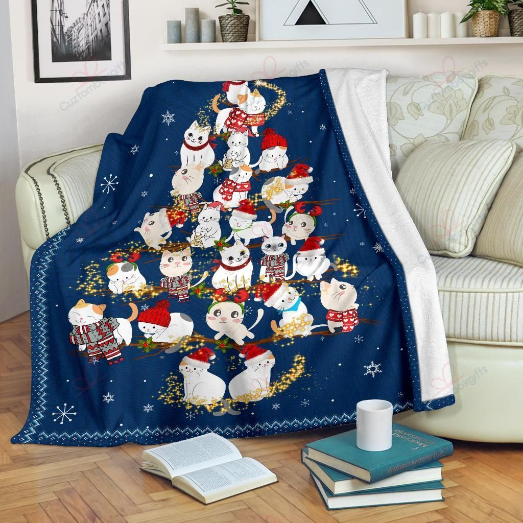 litzzy Cat Christmas Tree AM1210809CL Sherpa Fleece Blanket Sherpa Fleece Blanket   