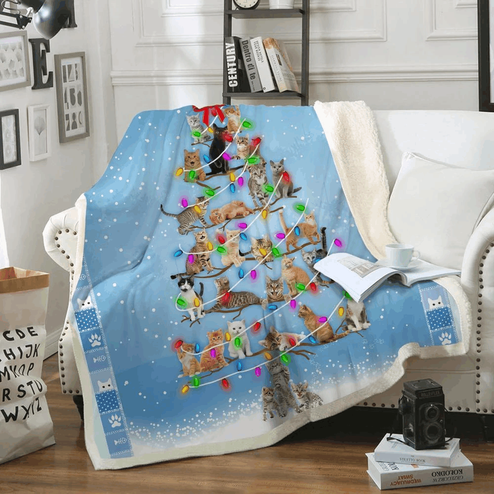 litzzy Cat Christmas Tree CLM2612212S Sherpa Fleece Blanket Sherpa Fleece Blanket   