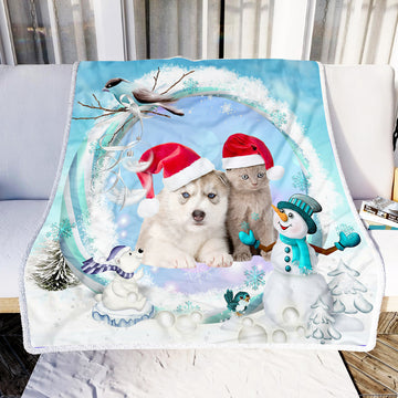 litzzy Cat Dog Merry Christmas NI1910078DT Sherpa Fleece Blanket fleece blanket   
