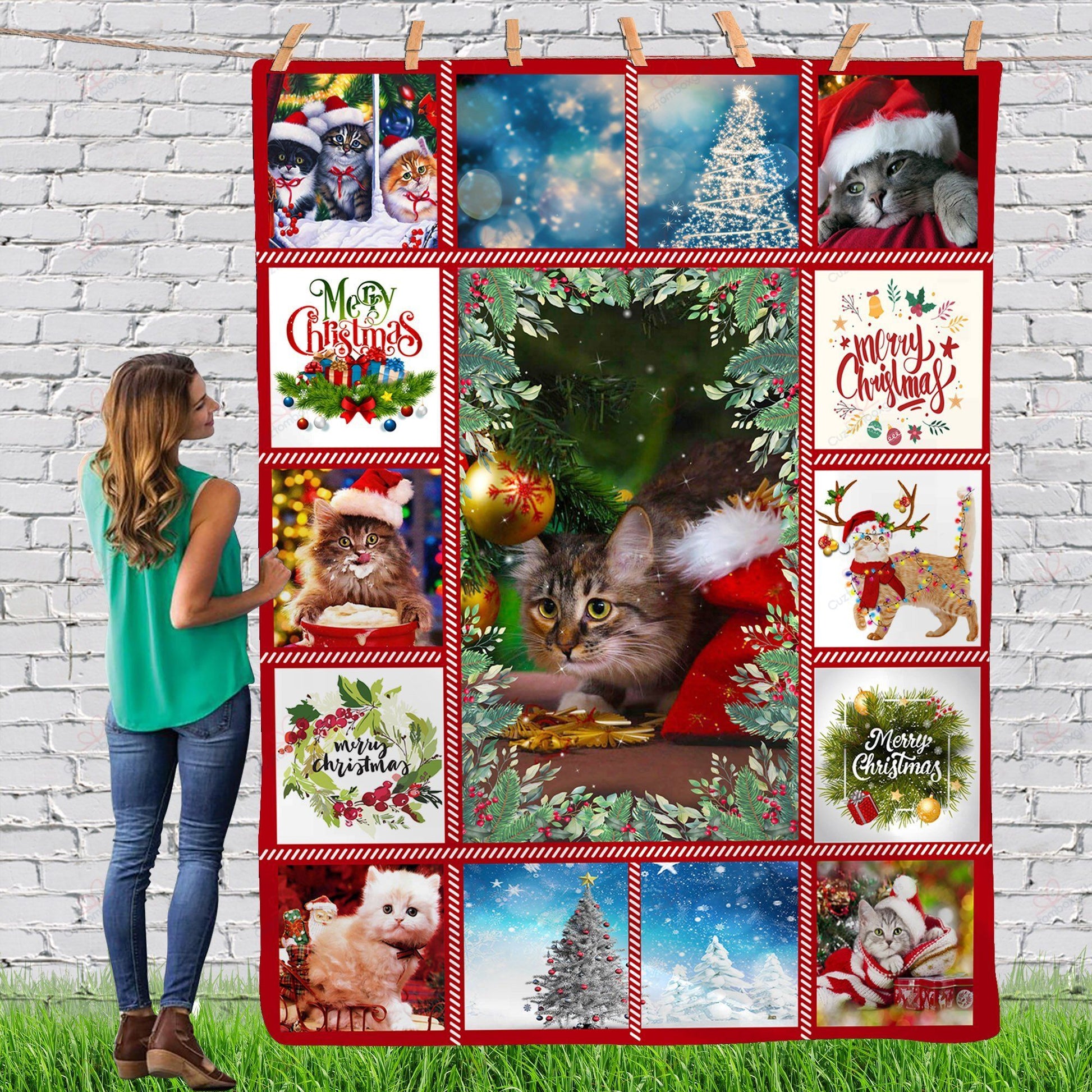 litzzy Cat Gorgeous Merry Christmas Animal Reindeer Xmas TH0911069CL Sherpa Fleece Blanket Sherpa Fleece Blanket   