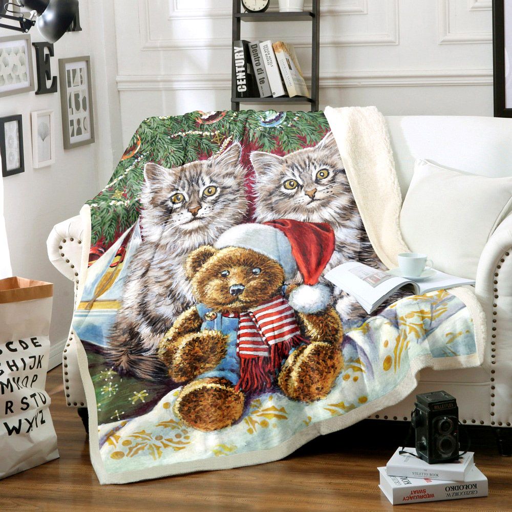 litzzy Cat Merry Christmas AA3110018TT Sherpa Fleece Sherpa Fleece Blanket   