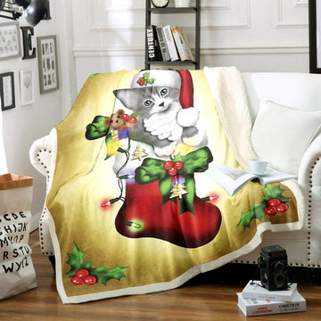 litzzy Cat Merry Christmas CG1911036TT Sherpa Fleece Blanket Sherpa Fleece Blanket   