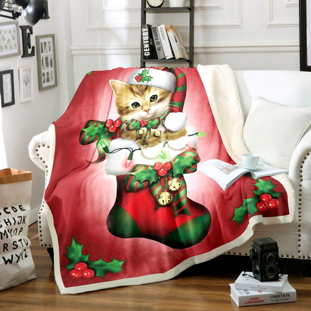 litzzy Cat Merry Christmas CG1911037TT Sherpa Fleece Blanket Sherpa Fleece Blanket   