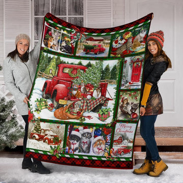 litzzy Cat Red Truck Christmas CL05120072MDF Sherpa Fleece Blanket Sherpa Fleece Blanket   