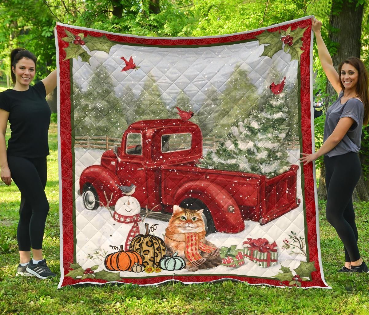 litzzy Cat Red Truck Christmas CL05120076MDQ Fleece Blanket Quilt Blanket   