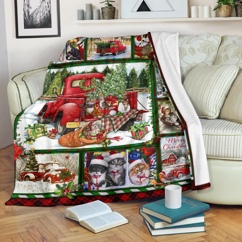 litzzy Cat Red Truck Christmas CLH1612043F Sherpa Fleece Blanket Sherpa Fleece Blanket   