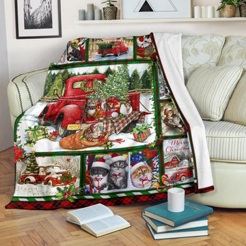 litzzy Cat Red Truck Christmas CLH1612043F Sherpa Fleece Blanket Sherpa Fleece Blanket   