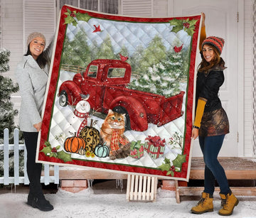 litzzy Cat Red Truck Christmas CLH1612062Q Fleece Blanket Quilt Blanket   