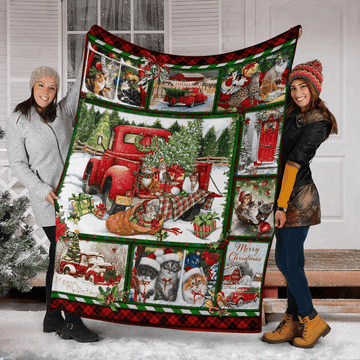 litzzy Cat Red Truck Christmas CLM02120613S Sherpa Fleece Blanket Sherpa Fleece Blanket   