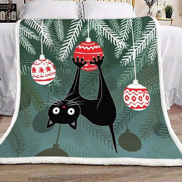 litzzy Cat With Christmas Ball MMC0311159 Fleece Blanket Sherpa Fleece Blanket   