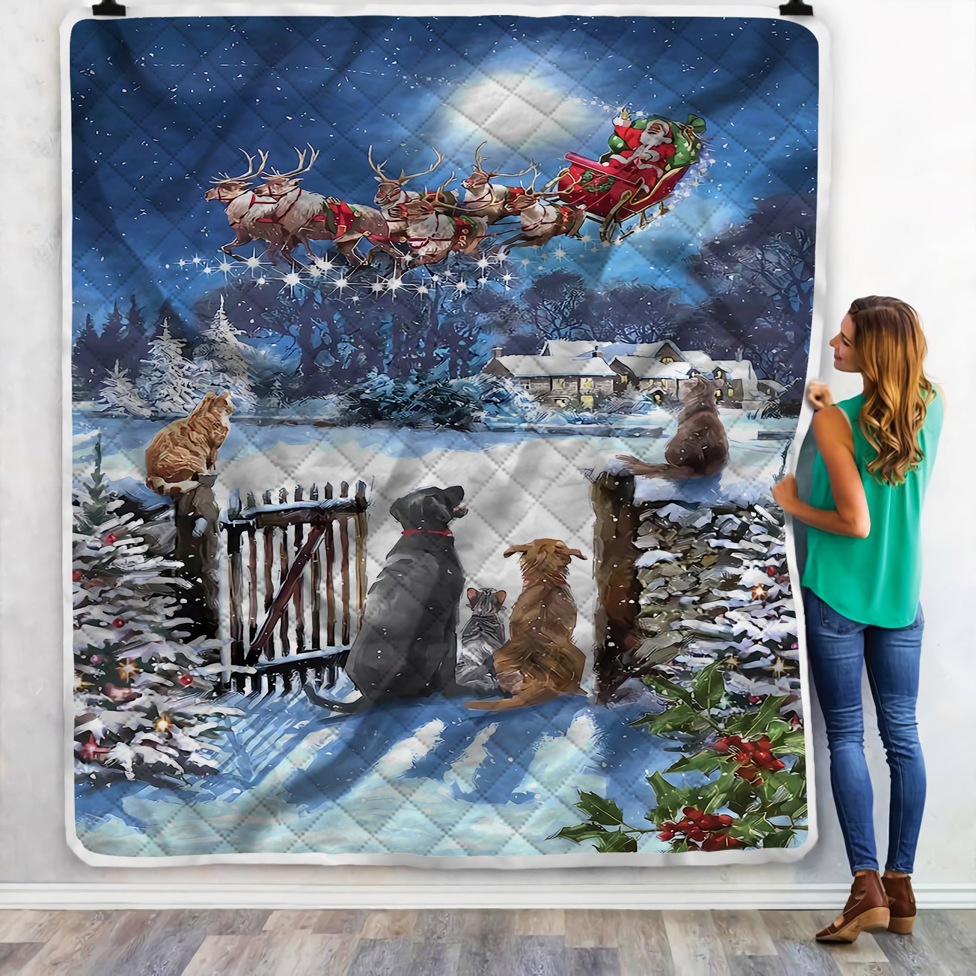 litzzy Cats And Dogs Watching Santa Christmas NI2110140KL Sherpa Fleece Blanket fleece blanket   