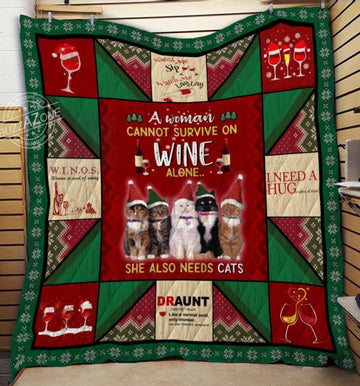 litzzy Cats And Wine Lovers Christmas CLH1812010Q Fleece Blanket Quilt Blanket   