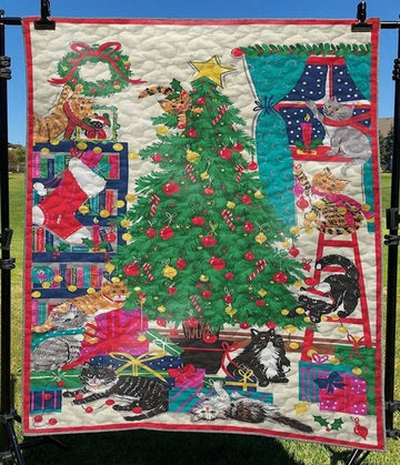 litzzy Cats Decorating Christmas Tree CLH2111113Q Fleece Blanket Quilt Blanket   