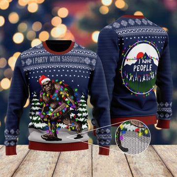 litzzy Christmas I Party With Sasquatch Camping Knitting Christmas Ugly Christmas Sweater | For Men & Women | UH1012 - Ugly Sweater Gift For Lover sweater Sweater Colorful XS