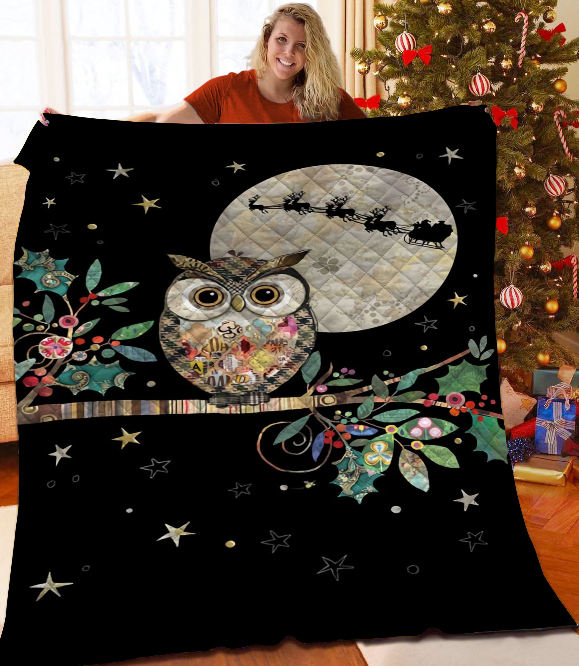 litzzy Christmas Owl Fleece Blanket CCC25105034 Quilt Blanket   