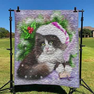 litzzy Christmas Santa Kitty Cat NI2910067DT Fleece Blanket Quilt Blanket   