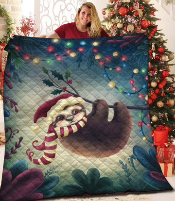 litzzy Christmas Sloth With Santa Hat Fleece Blanket CCC2610932 Quilt Blanket   