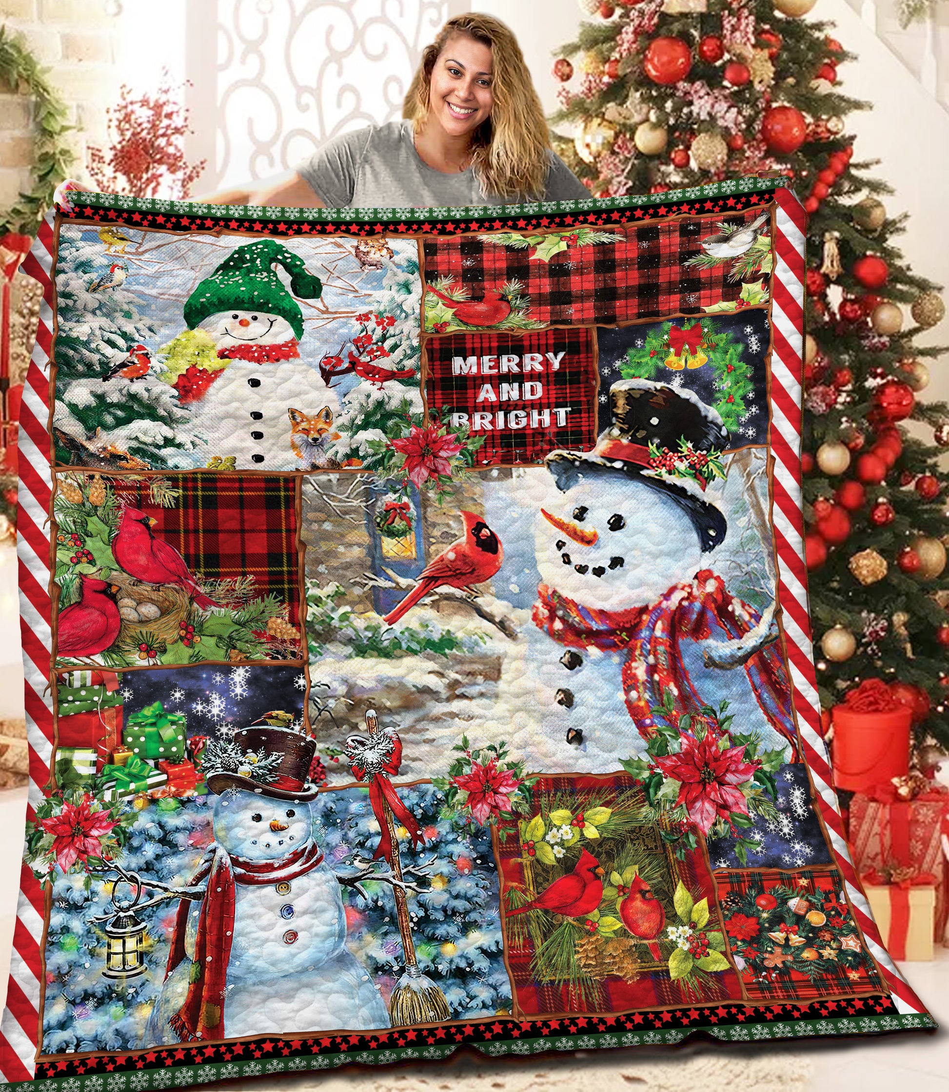 litzzy Christmas Snowman Cardinal MMM171058MI Fleece Blanket Quilt Blanket   