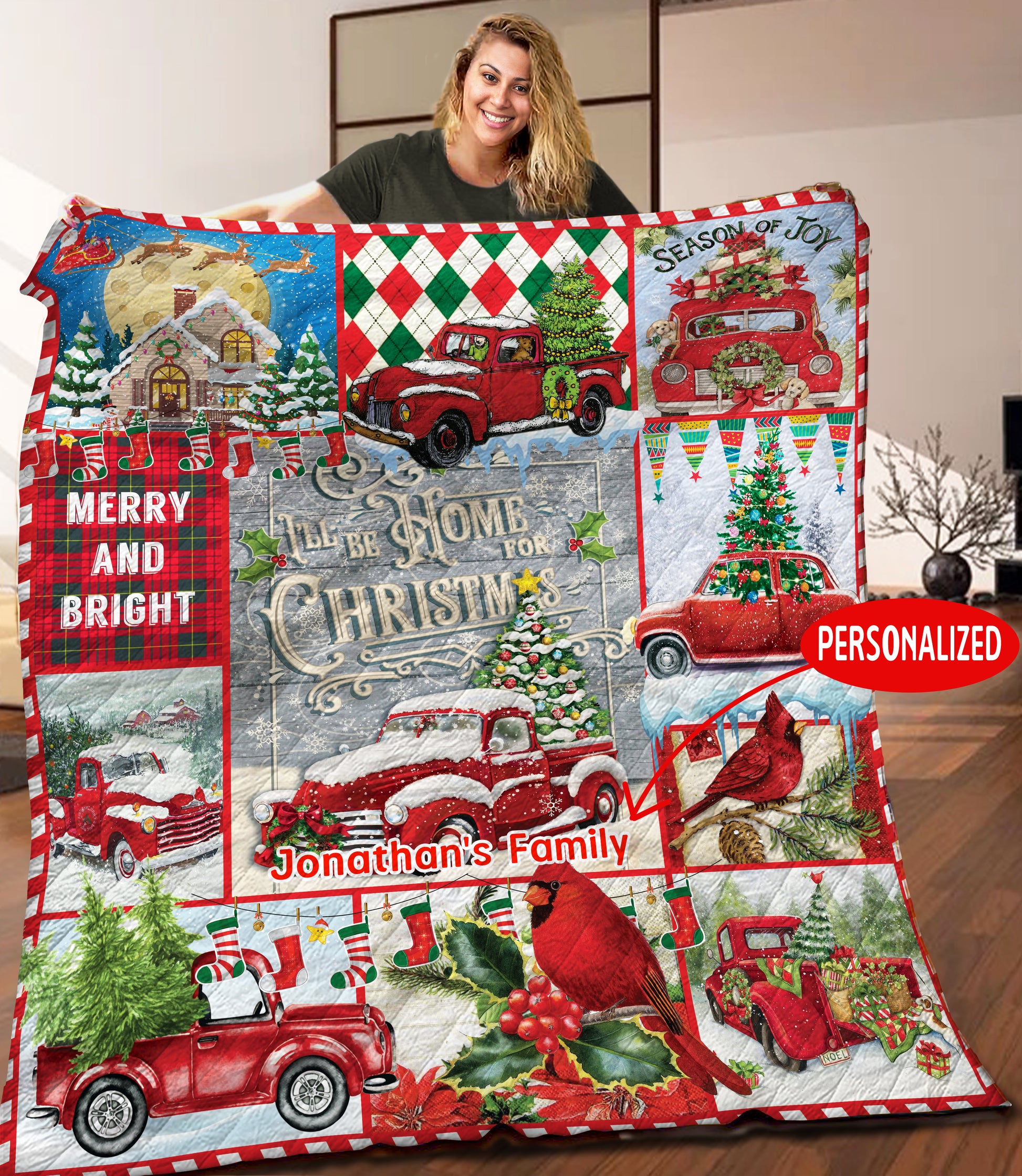 litzzy Christmas Truck Personalized HHH121102NH Fleece Blanket Quilt Blanket   