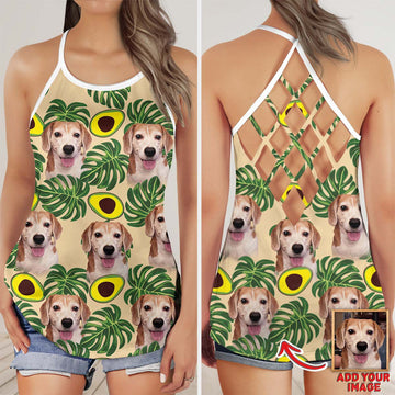 litzzy Custom Avocado & Leaves Pattern Criss Cross Tank Top (Lemon Zest Color) Open Back Tank Top   