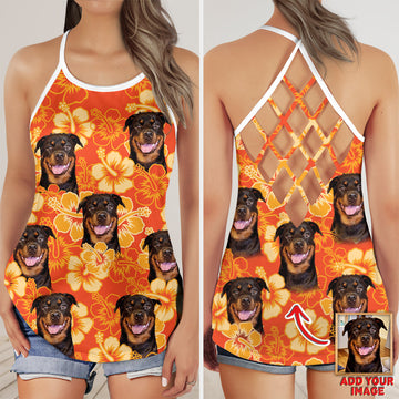litzzy Custom Flowers Pattern Criss Cross Tank Top (Neon Orange Color) - Custom Photo Dog Cat Open Back Tank Top Hawaiian Shirt Open Back Tank Top   