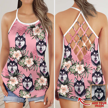 litzzy Custom Flowers Pattern Criss Cross Tank Top (Pink Color) Open Back Tank Top   
