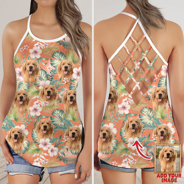 litzzy Custom Leaves & Flowers Pattern Criss Cross Tank Top (Carrot Color) Open Back Tank Top   