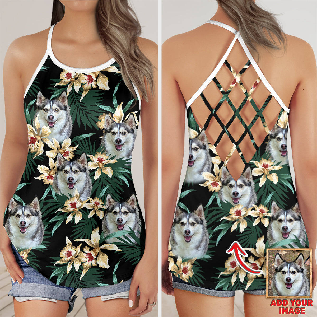 litzzy Custom Leaves & Flowers Pattern Criss Cross Tank Top (Dark Green Color) Open Back Tank Top   