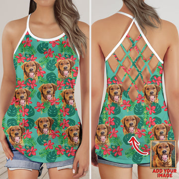 litzzy Custom Leaves & Flowers Pattern Criss Cross Tank Top (Mint Color) Open Back Tank Top   