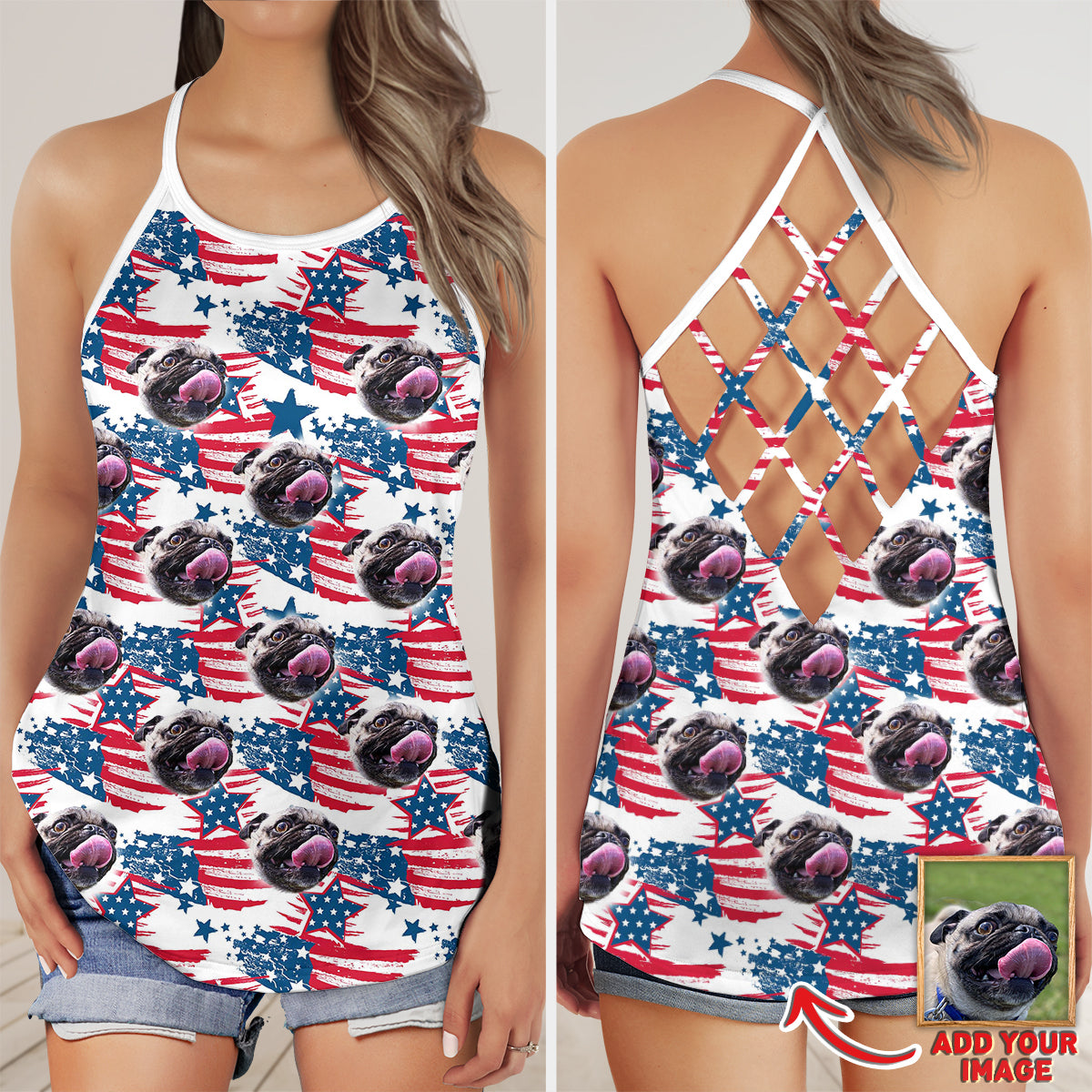 litzzy Custom Red & Blue Pattern Criss Cross Tank Top Open Back Tank Top   