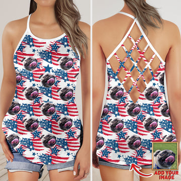 litzzy Custom Red & Blue Pattern Criss Cross Tank Top Open Back Tank Top   