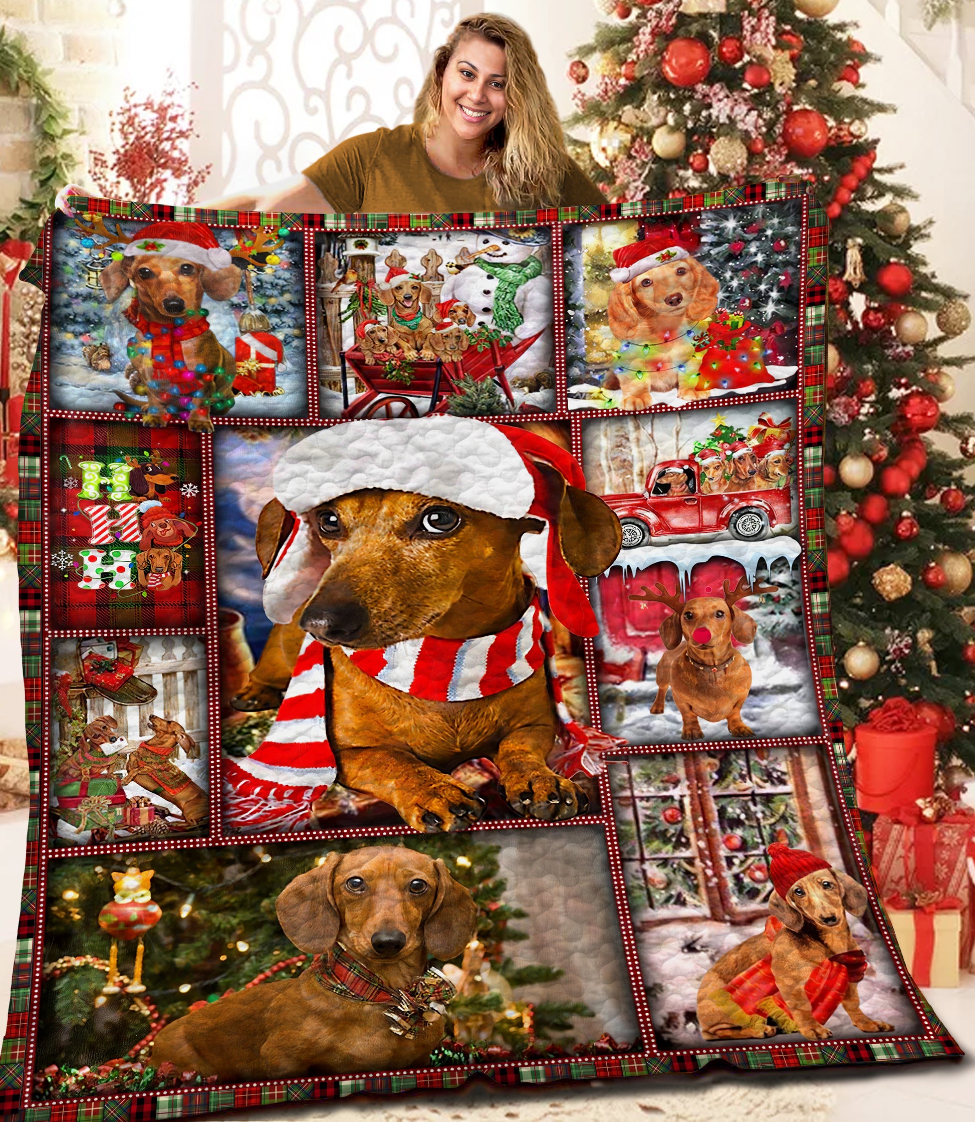 litzzy Dachshund Christmas MMM121102MI Fleece Blanket Quilt Blanket   