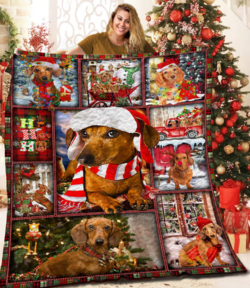 litzzy Dachshund Christmas MMM121102MI Fleece Blanket Quilt Blanket   