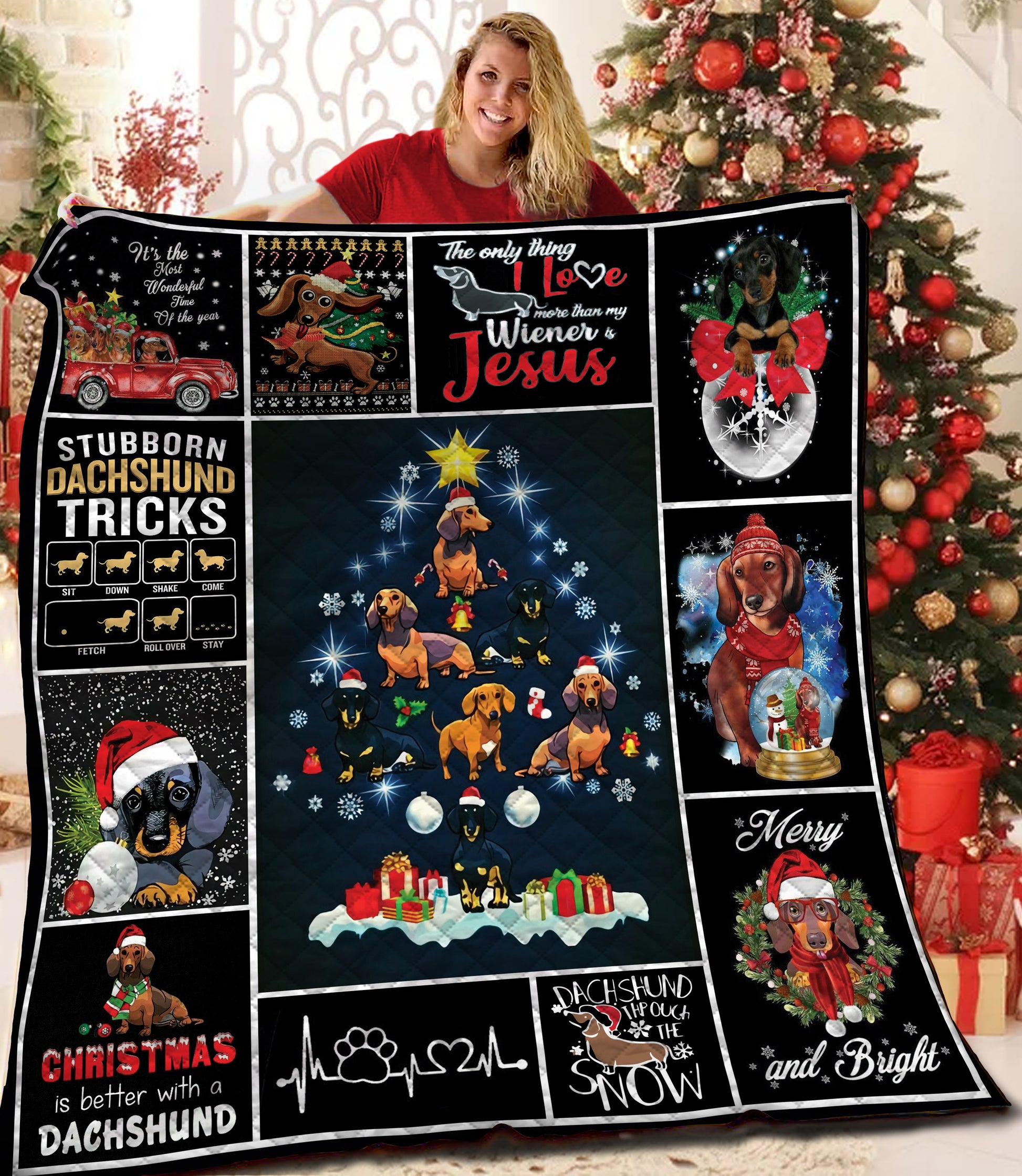 litzzy Dachshund Christmas Fleece Blanket BBB211135MH Quilt Blanket   