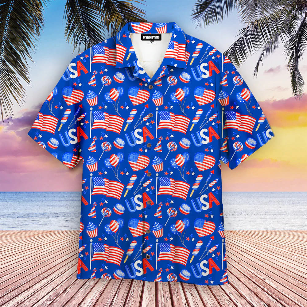 litzzy Men's American Flag Eagle Print Collar Hawaiian Shirt, 4th of July Men's Short Sleeve Patriotic Aloha Shirt Hawaii Shirt   