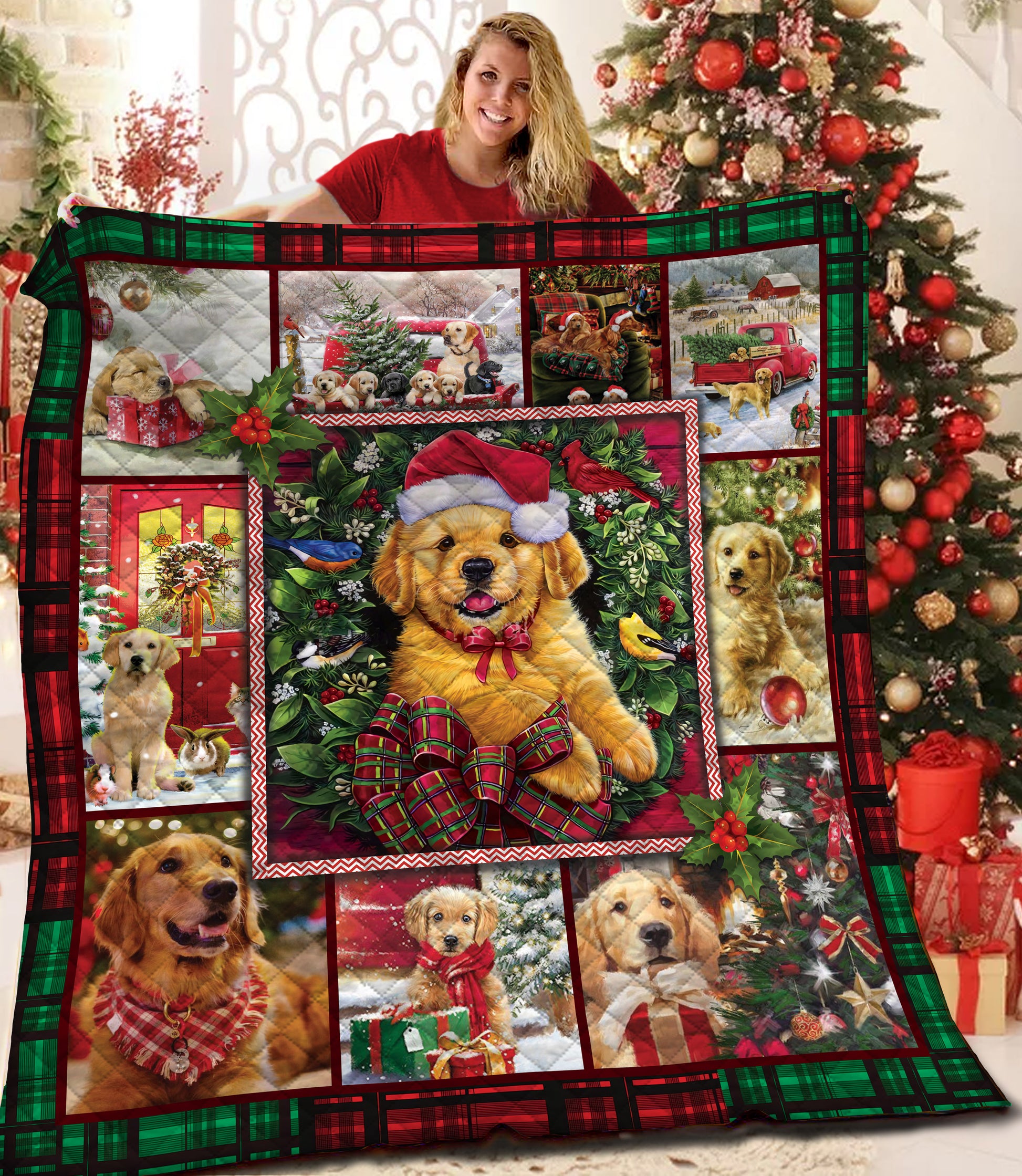 litzzy Golden Retriever Christmas Fleece Blanket BBB251111MH Quilt Blanket   