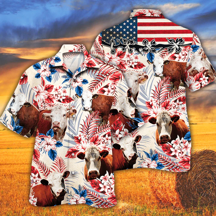 litzzy Hereford Cattle Lovers American Flag Hawaiian Shirt, Cow Flower aloha shirt, Hawaiian shirt Men, Women - Aloha shirt Hawaiian Hawaii Shirt For Summer Hawaii Shirt   