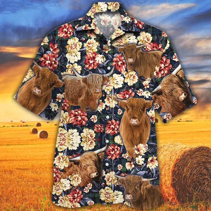 litzzy Cow Hawaiian shirts for Men women, Summer Hawaiian shirt, Animal shirt, Highland Cattle Lovers Green Plaid Pattern Hawaiian Shirt - Aloha shirt Hawaiian Hawaii Shirt For Summer Hawaii Shirt   