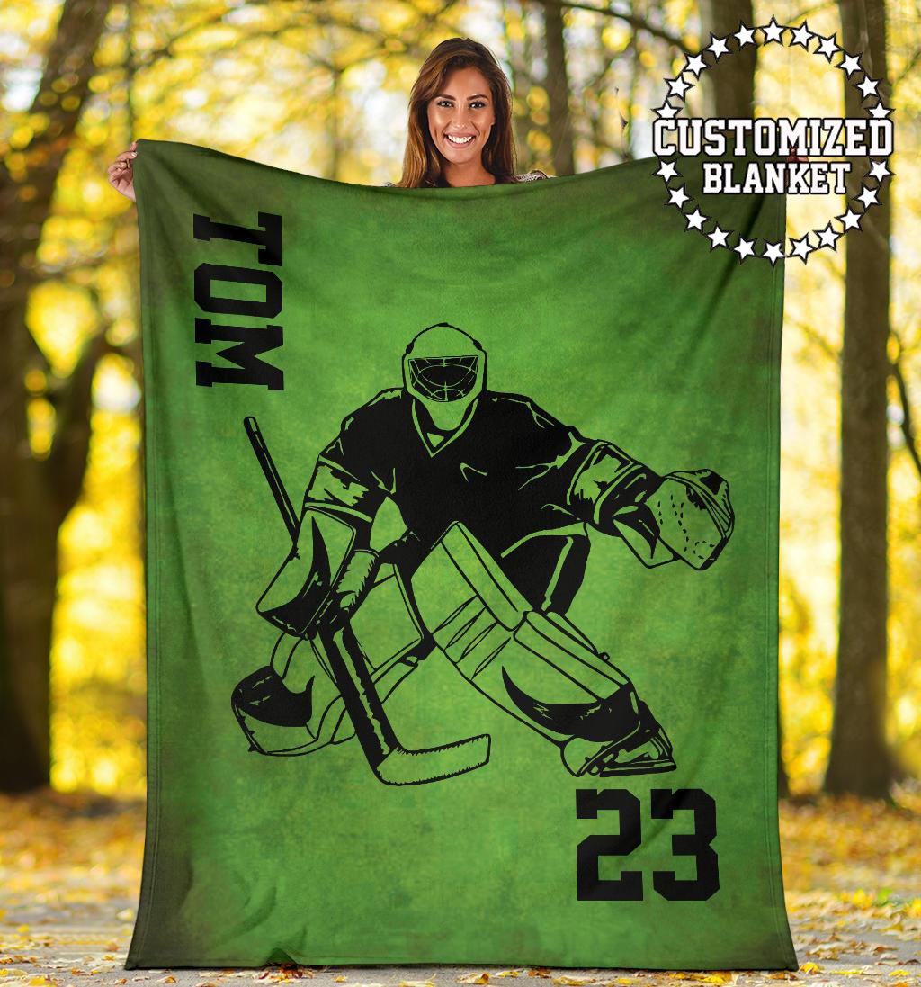 litzzy Personalized Hockey Player Colection Colors Fleece Blanket - Tltm0311204 Quilt Blanket GREEN 50 x 60 