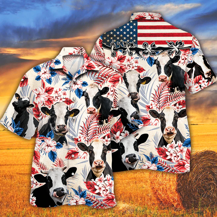 litzzy Holstein Friesian Cattle Lovers American Flag Hawaiian Shirt, Cow aloha Hawaiian shirt, Cow Hawaiian shirt vintage, Hawaiian shirt men Hawaii Shirt   