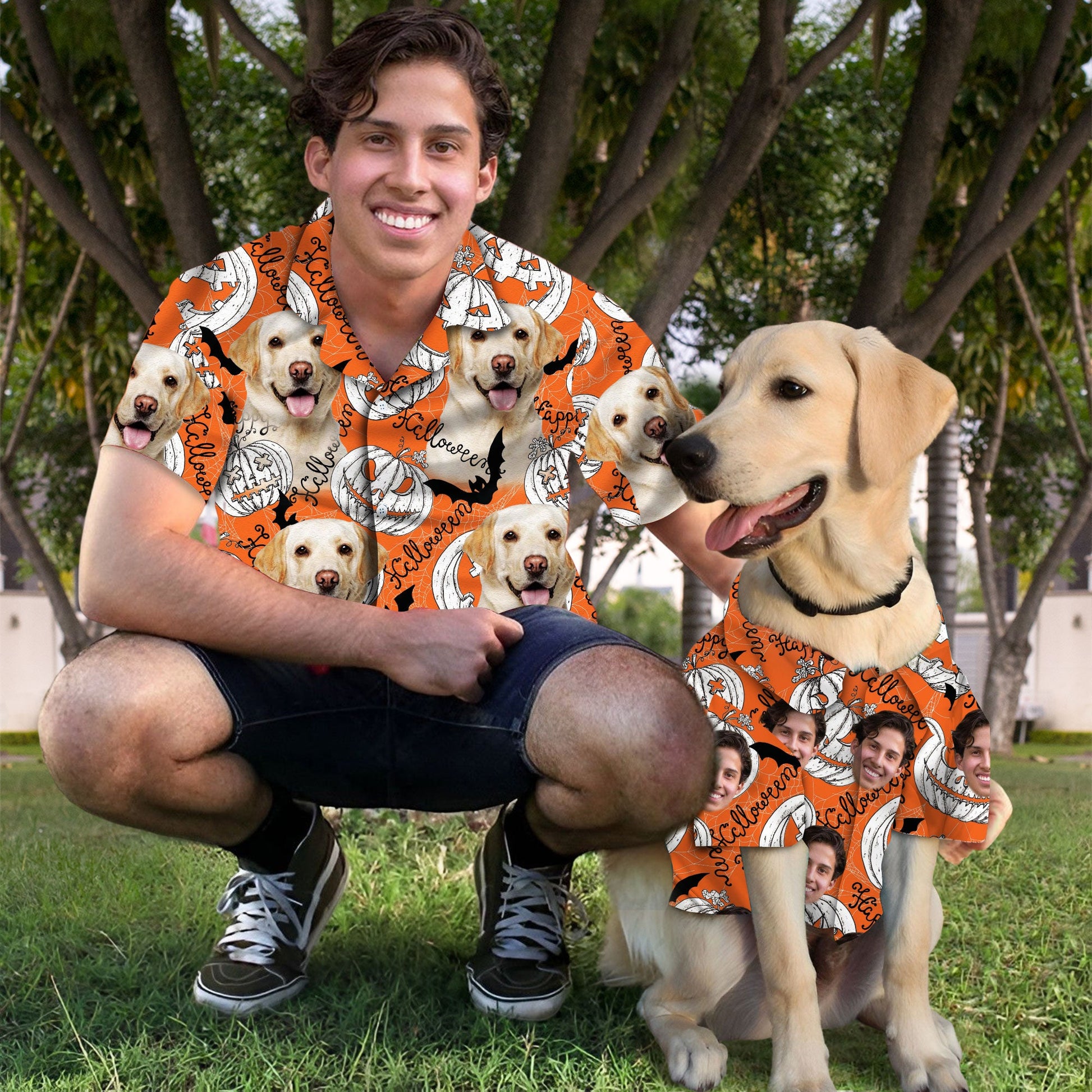 litzzy Custom Pumpkin Pattern Short-Sleeve Halloween Shirt (Neon-Orange Color) Hawaii Shirt   