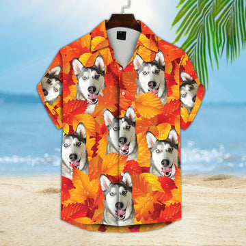 litzzy Custom Leaves Pattern Short-Sleeve Hawaiian Autumn Shirt (Neon-Orange Color) Hawaii Shirt   