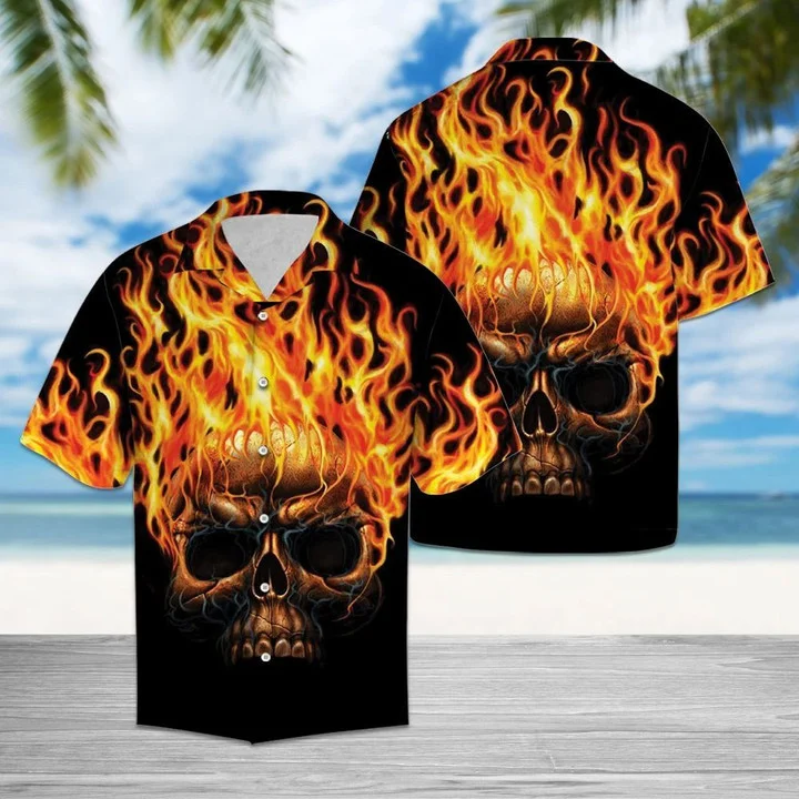 litzzy Hawaiian Shirt Flame Metal Skull Head In Black hawaii shirt for Men - Aloha shirt Hawaiian Hawaii Shirt For Summer Hawaii Shirt   