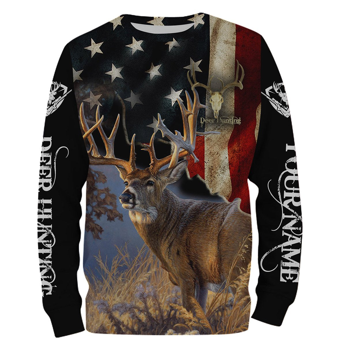 litzzy Deer Hunting US Flag Full Printing Custom Name Shirt Personalized Gift TATS107 - hunting sweatshirt Sweater Sweatshirt S 