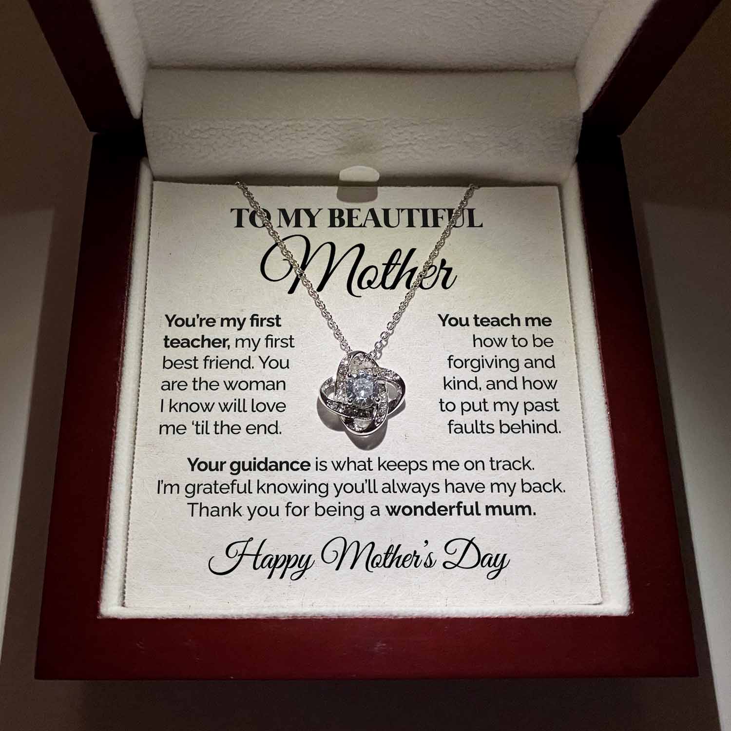 litzzy To My Beautiful Mother - You're My First Teacher - Love Knot Necklace Mothers Day Jewelry   