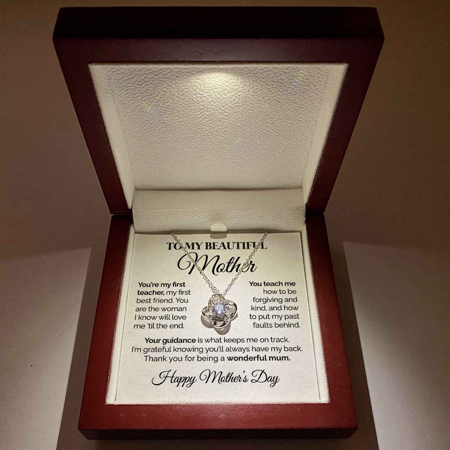 litzzy To My Beautiful Mother - You're My First Teacher - Love Knot Necklace Mothers Day Jewelry   