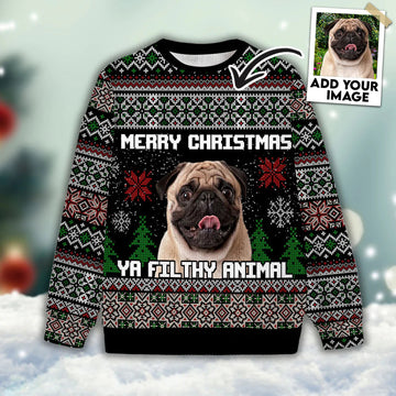 litzzy Merry Christmas Ya Filthy Animal Sweater - Pug Christmas Sweater - Ugly Sweater Custom Pug Lover Sweater   