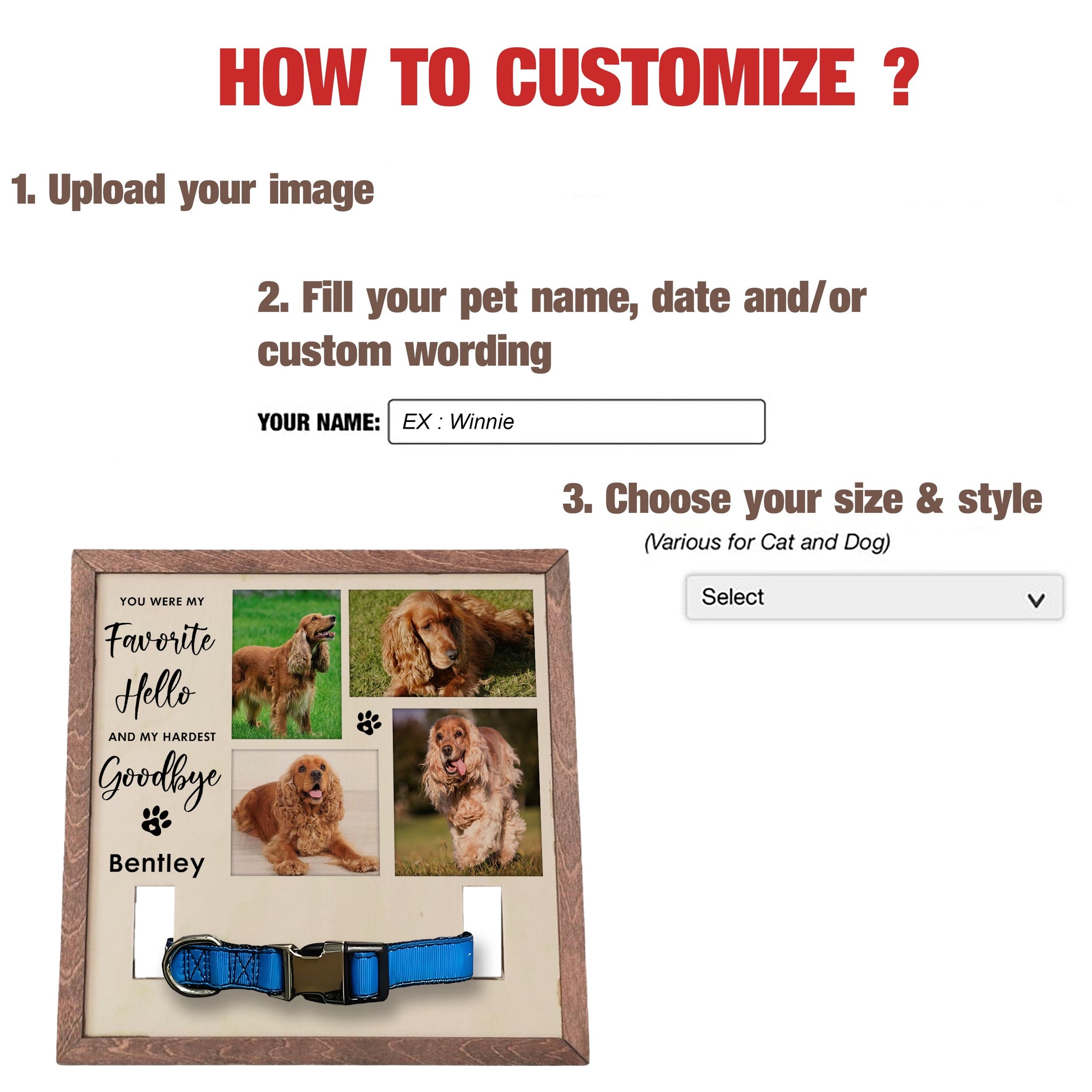 litzzy Custom Memorial Pet Loss Frame With Pet Photos, Dog & Cat, Puppy Memorial Wood Frame With Collar Display, Dog Bereavement Gift, Pet Loss Gift, Pet Sympathy Gift Pet Picture Frame   